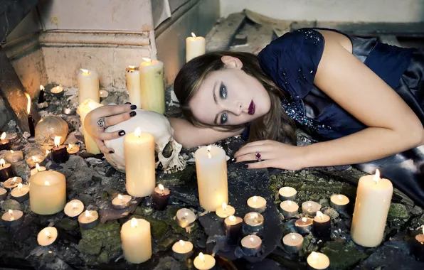 Picture girl, skull, ritual, candles