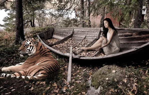 Girl, tiger, boat