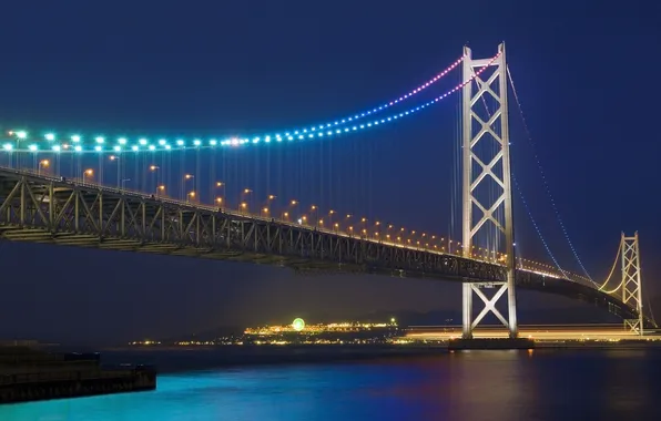 Night, bridge, lights, Japan, Akashi strait bridge