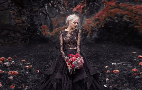 Picture girl, flowers, pose, Park, mood, roses, bouquet, dress