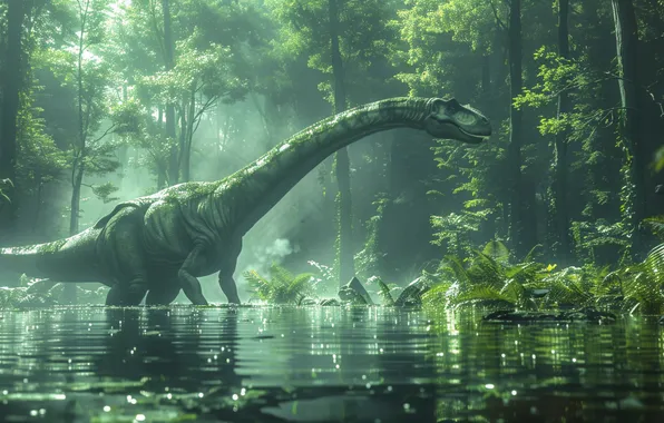 Water, Lake, Trees, Dinosaur, Animal, Digital art, Ancient animals, Extinct animals