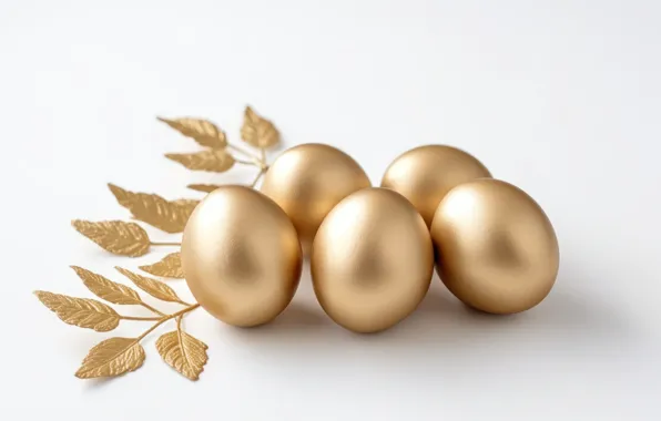 Leaves, sprig, holiday, eggs, spring, Easter, white background, gold plated