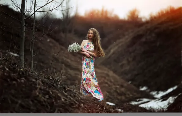 Girl, flowers, nature, dress, bokeh, Karen Abramyan, the arrival of spring