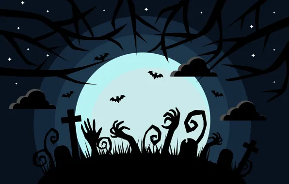 Night, The moon, Clouds, Halloween, Halloween, Zombies, Cemetery, Scary