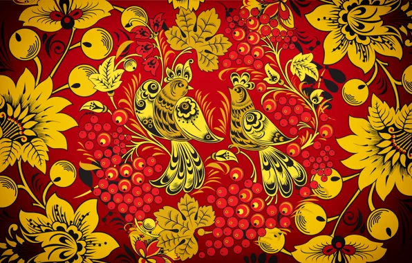 Flowers, Red, Bird, Birds, Style, Background, Painting, Art