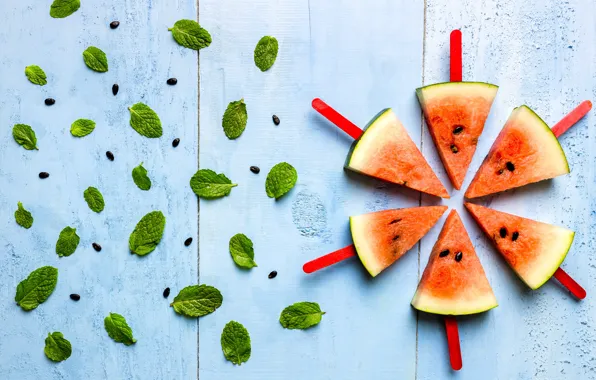 Leaves, watermelon, fresh, mint, wood, slices, watermelon, slice