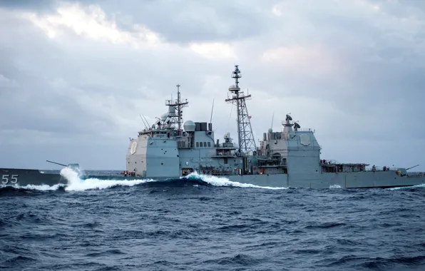 Picture sea, wave, squirt, US NAVY, missile cruiser, type "Ticonderoga", &ampquot;Leyte Gulf&ampquot;, &ampquot;Leyte Gulf&ampquot; (CG-55)