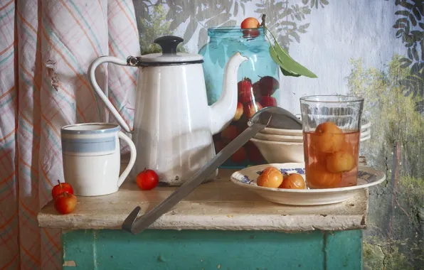 Glass, table, kettle, Bank, plates, dishes, fruit, still life