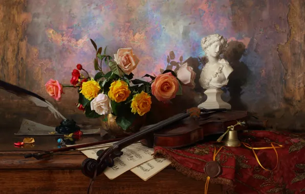 Notes, pen, violin, roses, figurine, still life, bell