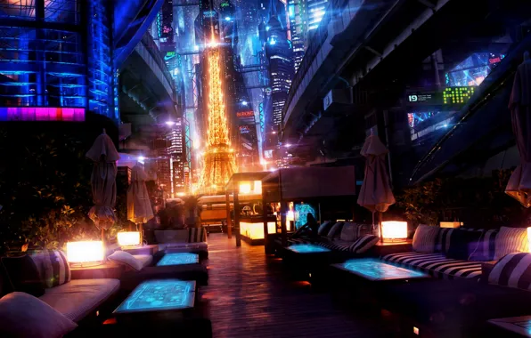 Night, lights, future, Eiffel tower, Paris, Akimov Mikhail AMM