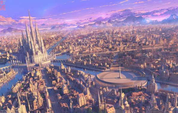 Mountains, the city, castle, fantasy, panorama