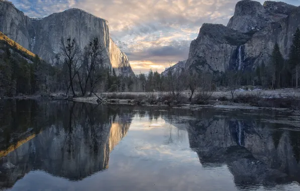 Clouds, trees, mountains, lake, reflection, rocks, shore, Yosemite
