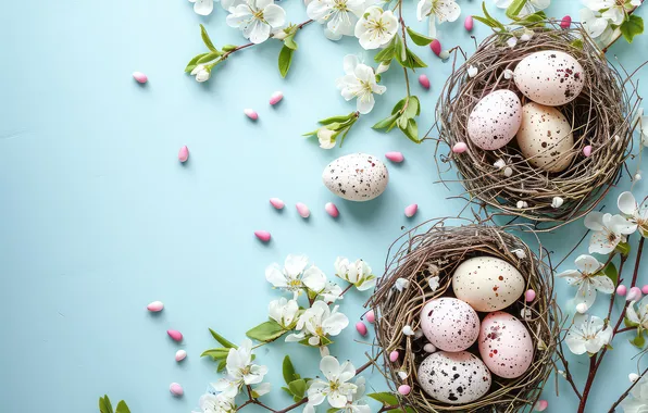 Flowers, eggs, spring, colorful, Easter, happy, flowers, spring