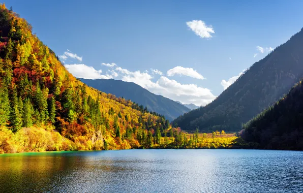 Autumn, forest, the sky, clouds, trees, mountains, lake, beauty