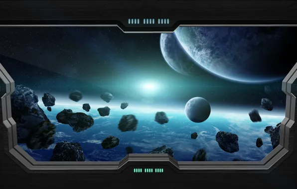 Light, star, planet, sci fi, meteorites, window spaceship