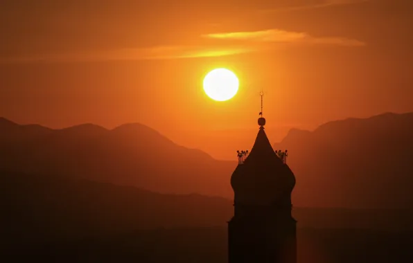 The sun, sunset, tower