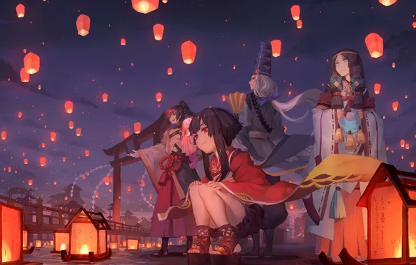 Night, lanterns, Kagura, Onmyoji, Abe no Seimei, Minamoto no Hiromasa, Yaobikuni