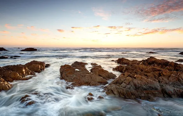 Sea, the sky, the sun, clouds, stones, dawn, coast, horizon