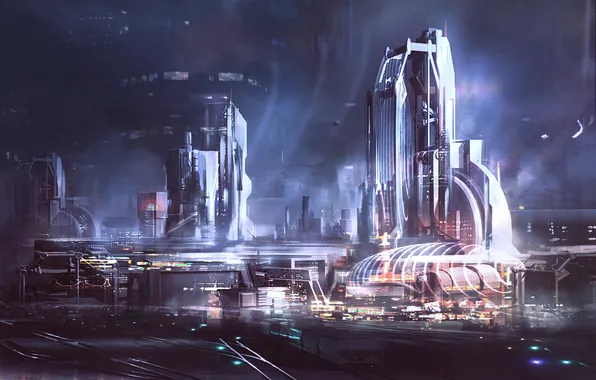 Night, the city, fiction, skyscrapers, megapolis, art