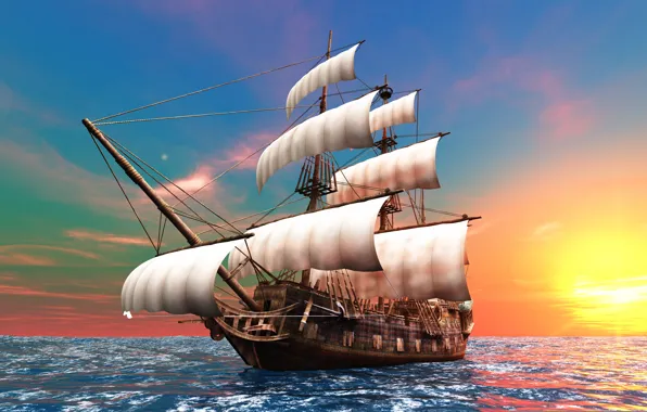 Picture the sun, the ocean, dawn, graphics, ship, sailboat, sails, brig