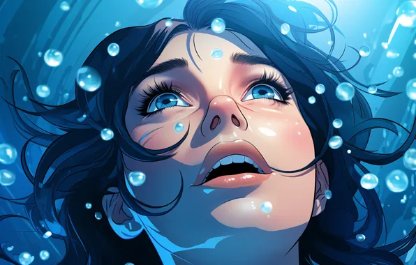Water, Girl, Face, Eyes, Bubbles, Digital art, AI art, The Art of Artificial Intelligence