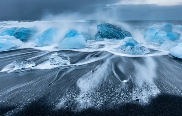 Ice, winter, sand, sea, wave, the sky, clouds, squirt