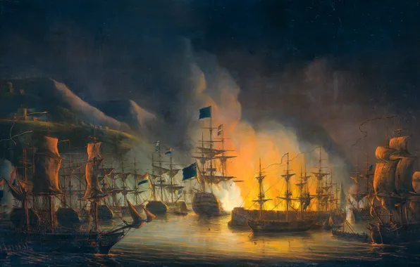 Picture oil, picture, canvas, The Martinus Schoeman, 1823, The bombardment of Algiers to maintain the ultimatum …