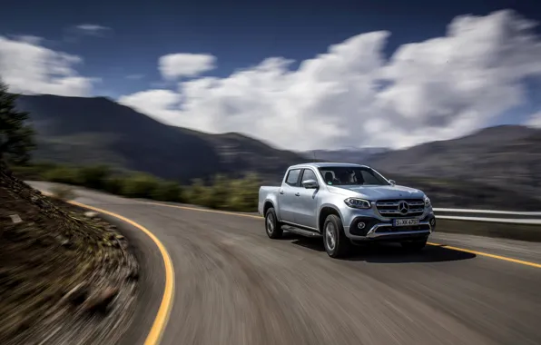 Picture road, the sky, clouds, mountains, grey, movement, markup, Mercedes-Benz