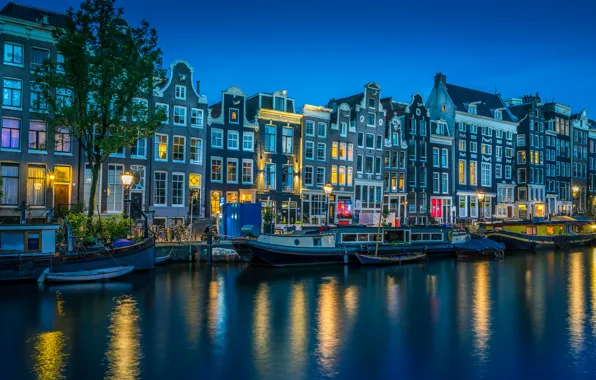 The city, home, boats, the evening, lighting, Amsterdam, lights, channel