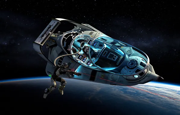 Planet, astronaut, laser, aircraft, Orbital Drive By