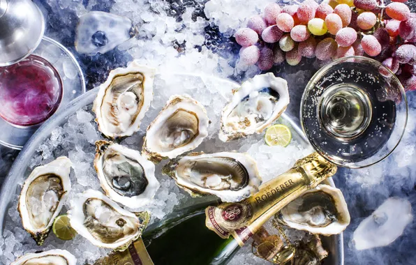 Ice, grapes, champagne, caviar, oysters