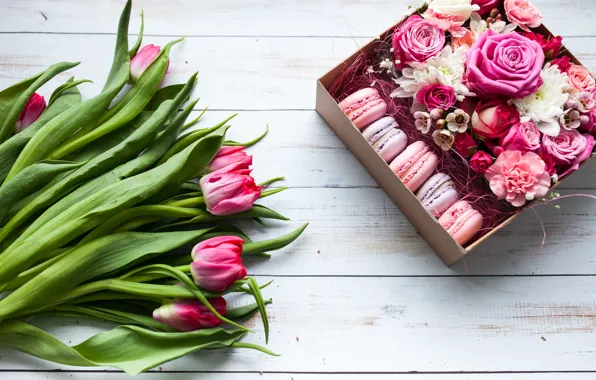 Flowers, box, gift, bouquet, wood, pink, tulips, macaron