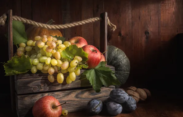 Apples, grapes, pumpkin, still life, plum