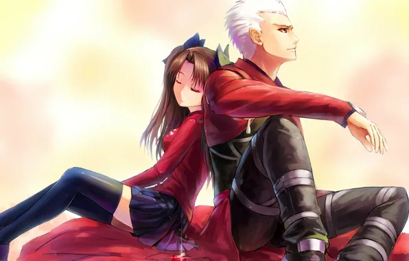 Girl, anime, art, pendant, guy, chain, two, fate stay night