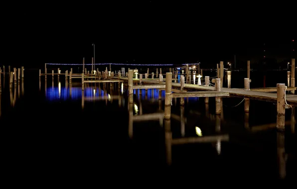 Night, bridge, lake