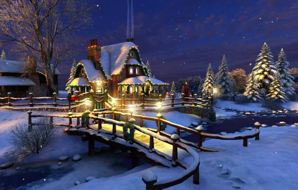 Winter, stars, snow, decoration, night, bridge, lights, river