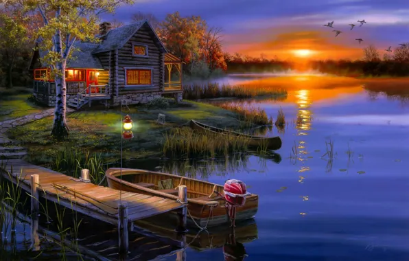 Autumn, landscape, sunset, lake, boat, duck, art, lantern