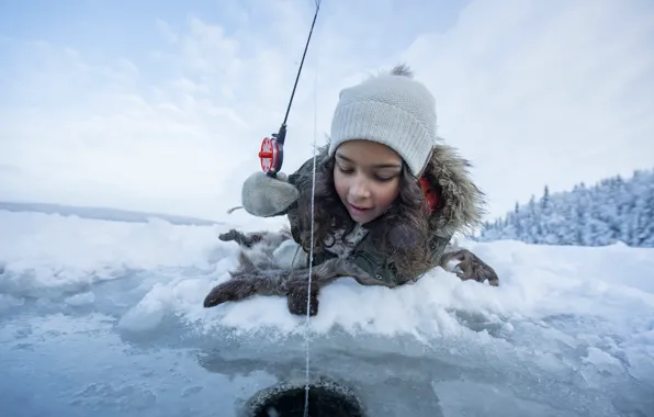 Picture Winter, Ice, Norway, Girl, Norway, Fishing, Fishing line, Frozen lake