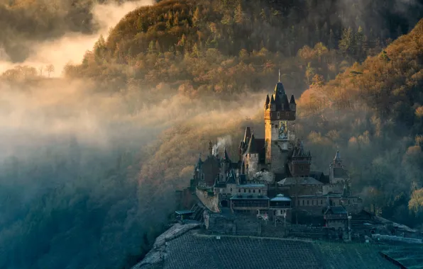Picture forest, the sun, trees, mountains, fog, castle, dawn, Germany