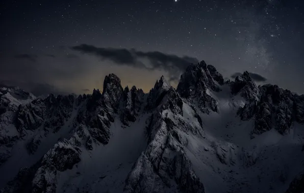 Winter, forest, stars, snow, mountains, night