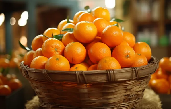 Oranges, harvest, basket, a lot, bokeh, AI art, neural network