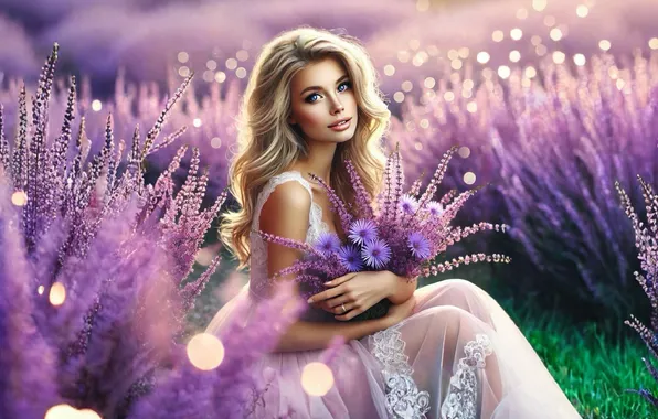 Summer, girl, flowers, bouquet, dress, blonde, sitting, lavender