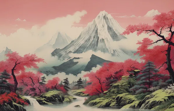 Autumn, forest, the sky, clouds, snow, mountains, rocks, shore