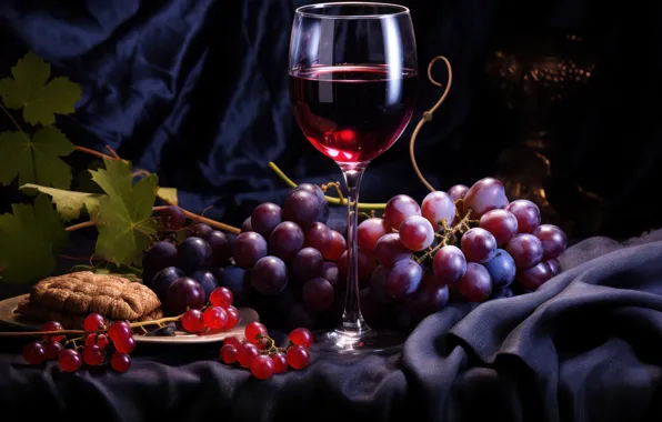 Leaves, the dark background, table, wine, glass, bottle, grapes, alcohol