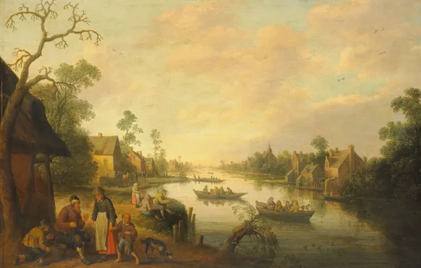 Picture landscape, river, boat, people, home, picture, View Of The River, The Jost Cornelis Dropcloth
