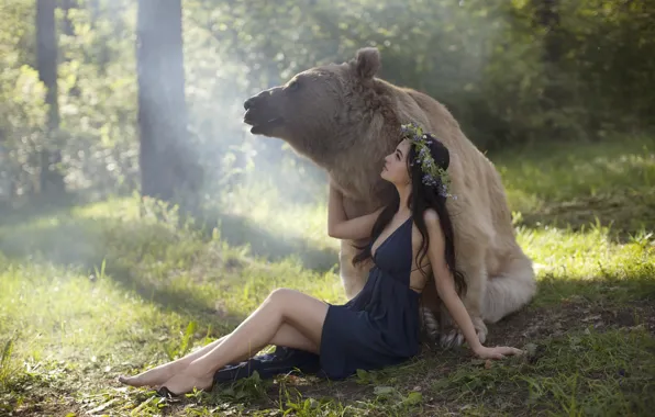 Forest, girl, nature, animal, predator, barefoot, dress, bear