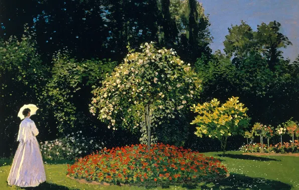 Trees, landscape, picture, umbrella, flowerbed, Claude Monet, Jeanne-Marguerite Lecarde in the Garden, Lady in the …