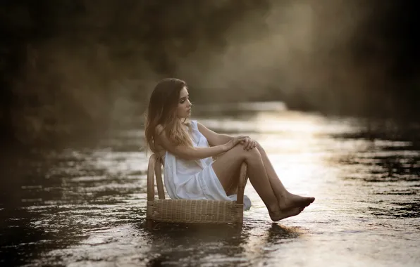 Picture girl, river, chair, Laulights