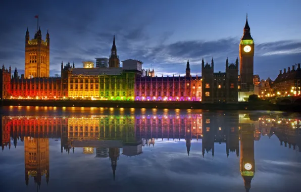 Night, lights, river, England, London, tower
