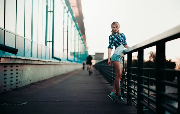 Girl, the city, athlete, skate, On the bridge